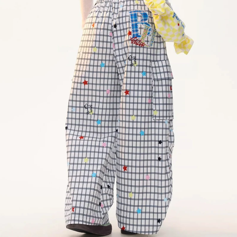 American Retro Plaid Multi-Pocket Women's Casual Pants Spring High-Waisted Colorful Star Versatile Floor-Length Trousers Ladies