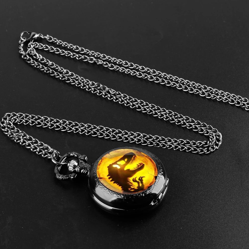 Quartz Pocket Watch Dinosaur Park Glass Dome With Durable Chain Arabic Numeral Dial Halloween Gifts for Men Women Kids