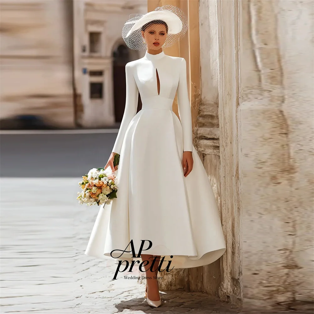 AP pretti Vintage High Neck Long Sleeves Wedding Dresses For Woman Pleat A-line Satin Tea-Length Bridal Gown Customized ﻿