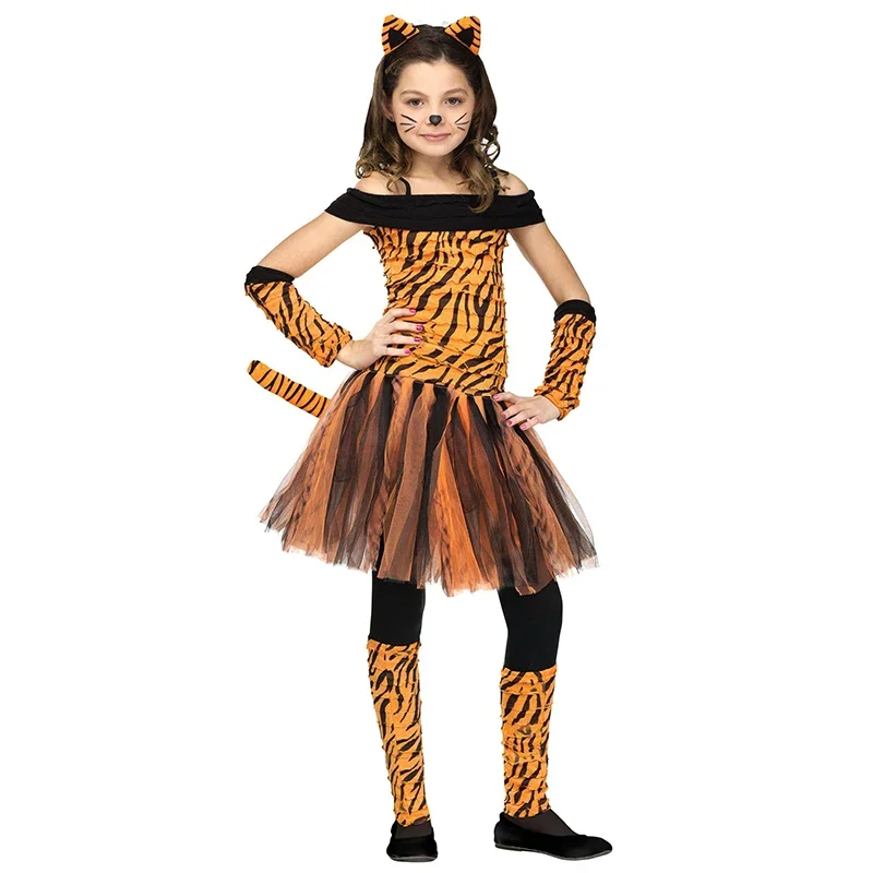 Reneecho Custume Kids Girl Tiger Fancy Dress Tiger Child Costume Halloween Purim Carnival Outfit Kids