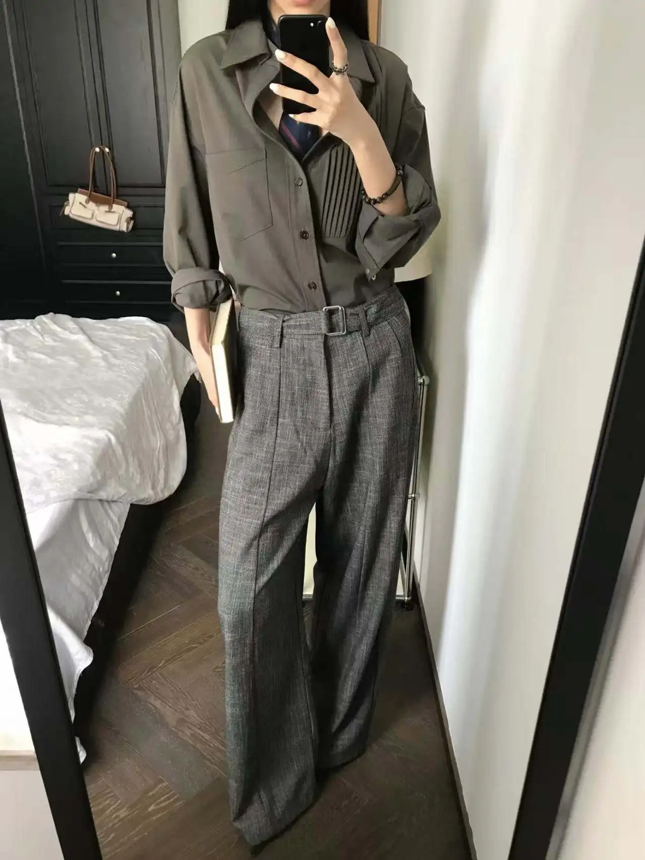 Calças Casuais de Perna Reta Cleanfit para Homens, Material de Lã com Padrão de Nó de Bambu, Calças com Cinto para Outono e I...