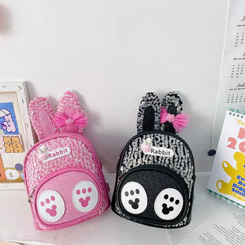 New Children\'s Bag With Cute And Fashionable Rabbit Ears PU Glitter Cartoon Children\'s Backpack