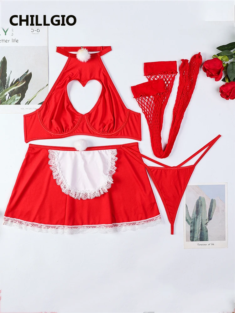 

CHILLGIO Women Christmas Red Bra Brief Suit Fasion Halter Top Short Skirt Intimate 4 Piece Sexy Party Maid Cosplay Erotic Outfit