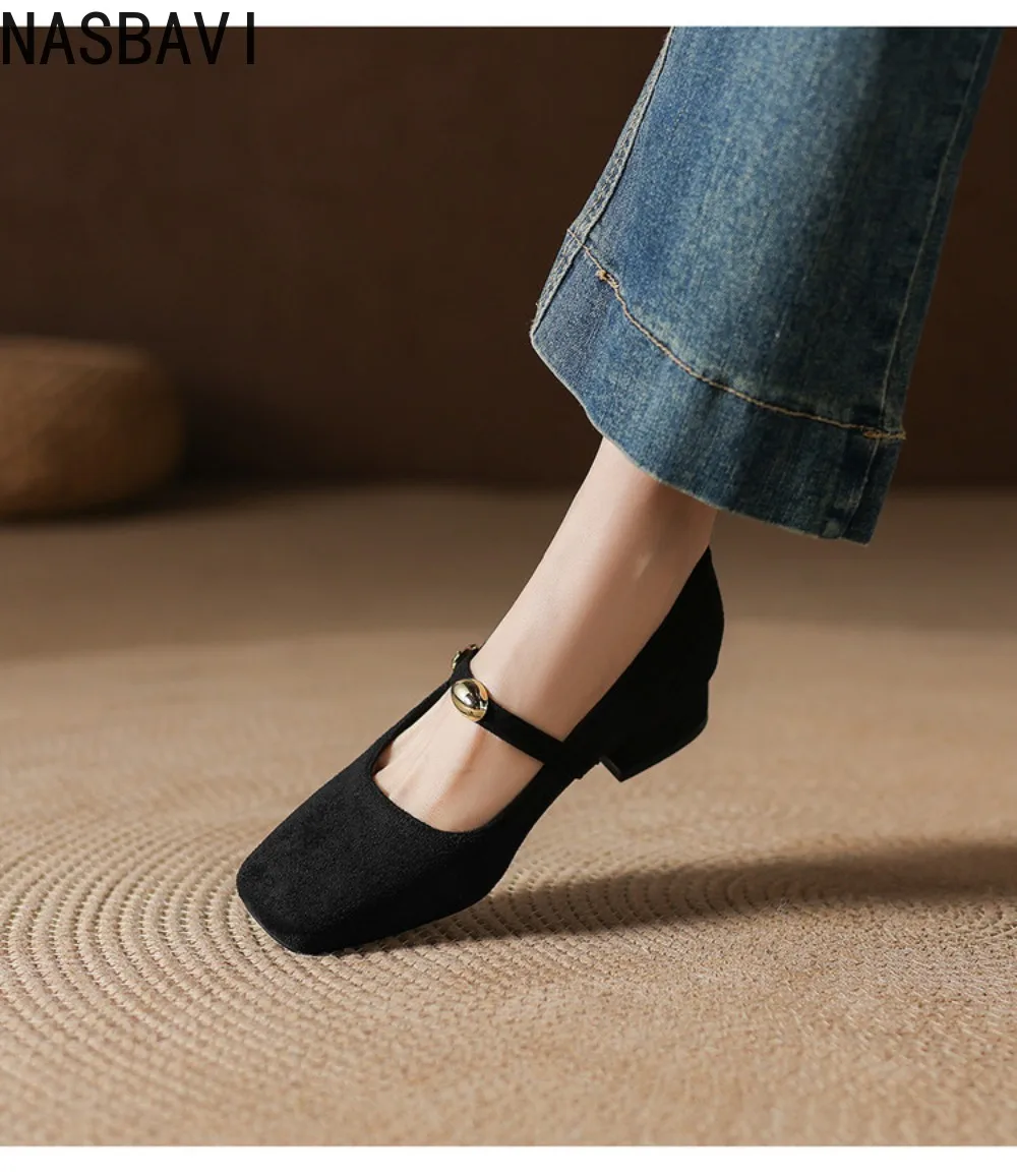 Women's Coarse Heel Shoes Spring Square Head Shallow Mouth Suede Leather Metal Buckle Low-top French Dress Single Shoes 32-43