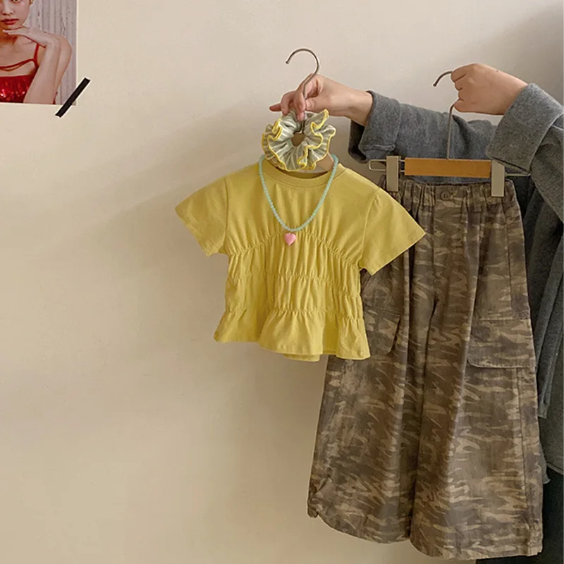 Girls' summer new Korean short sleeved T-shirt versatile work pants two-piece set