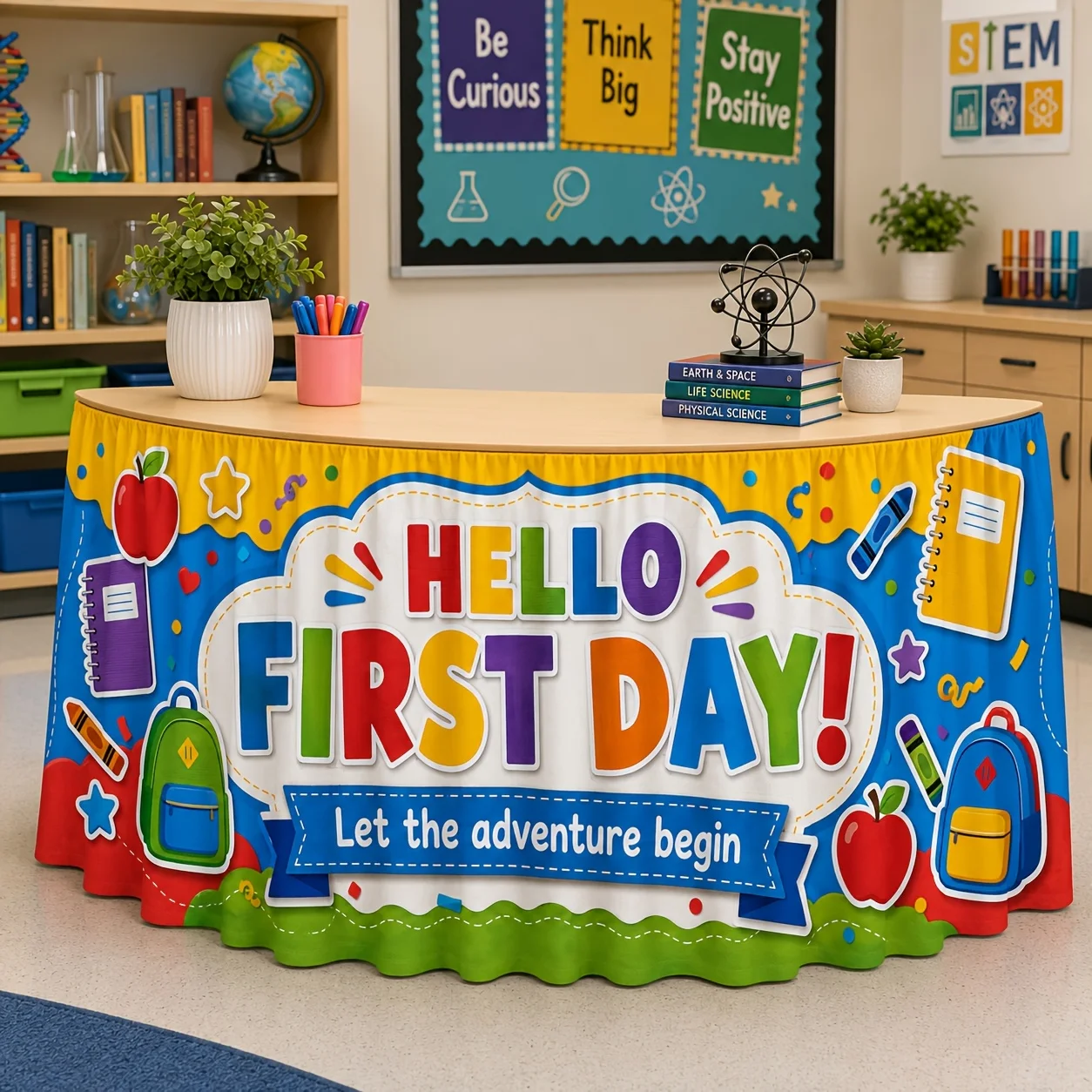 Send a tablecloth. 1-piece set. Hello. Theme tablecloth design for the first day of school. Colorful back-to-school.zyc