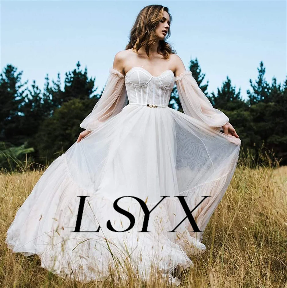 Lsyx Off-Shoulder Tule Lieverd Trouwjurk Voor Vrouwen Illusie Veters Back A-Line Vloerlengte Bruidsjurk Op Maat Gemaakt