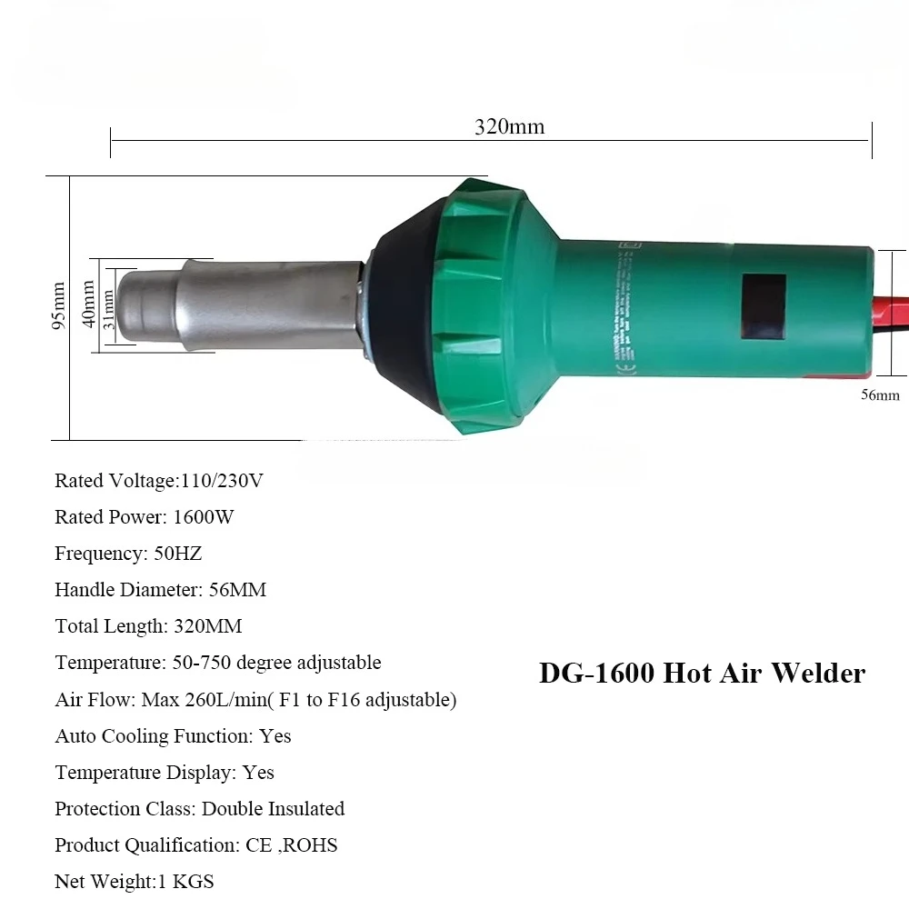 220V 1600W Hot Air Guns Plastic Welding Torch Welder PVC Welding Machine with Auto Cooling and Temperature Display