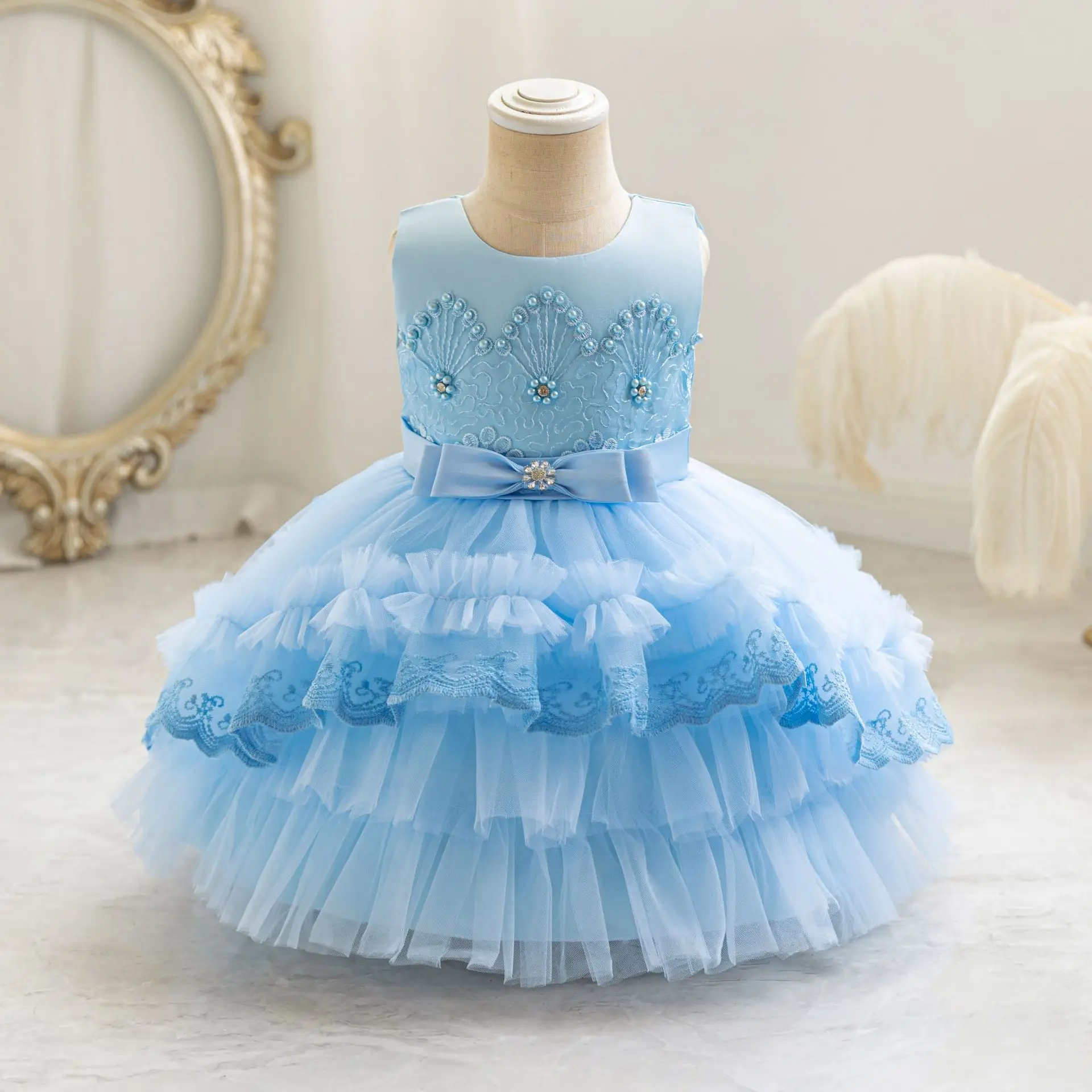 Baby Holiday Dress for Birthday Ball Gown Tiered Infant Tutu Girl Party Dresses Blue One Piece 6M-4Years