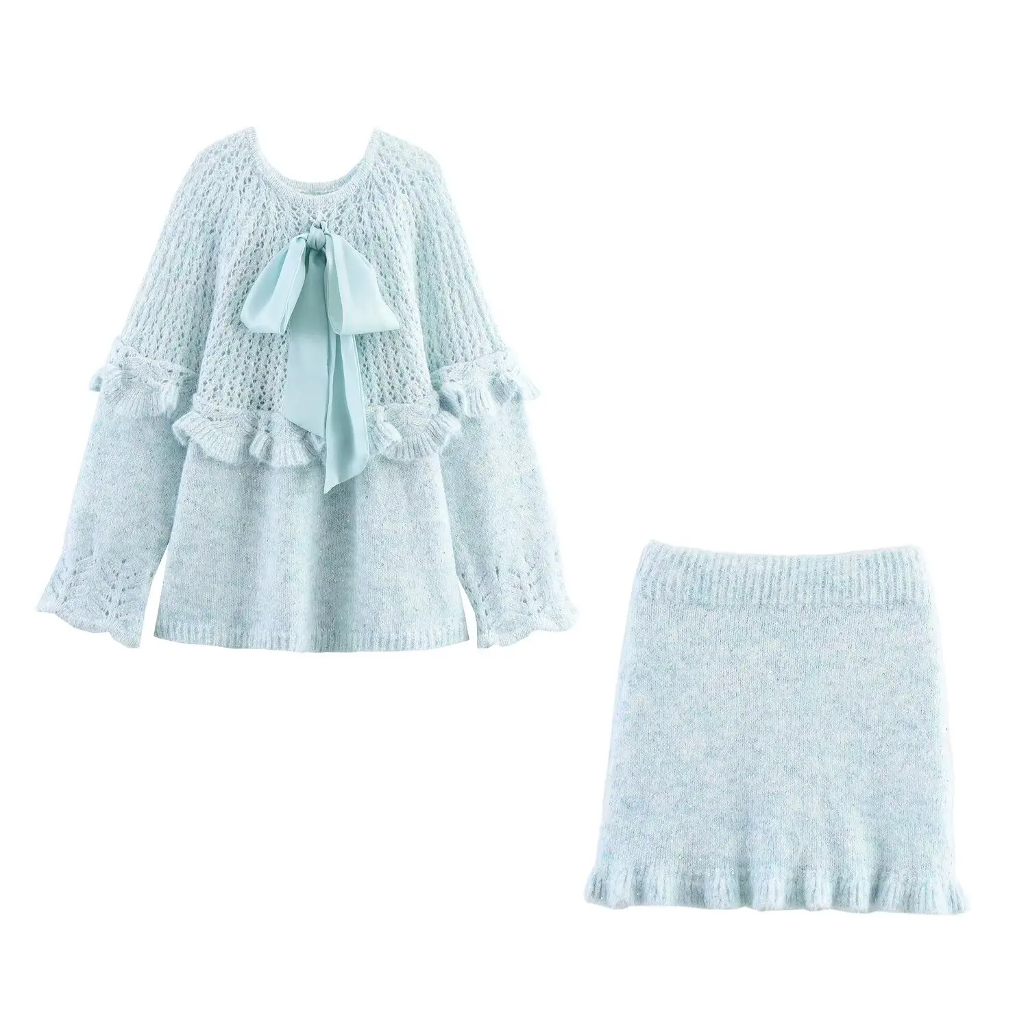 JNLEAOG Faionable tricoté jupe ensemble avec Saes pour les femmes automne nouveauté chaud longue Sve deux pièces costume européen Sle