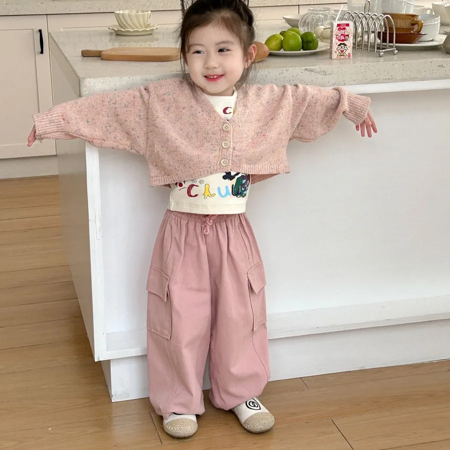 

Clothing Girl's Cotton Work 2024 Spring New Children's Baby Korean Version Solid Color Loose Casual Pants