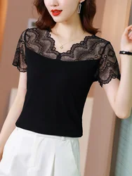2024 All-match Simple Lace Splicing Female T-shirt Spring Summer Woman M-3XL Short Sleeves Slim V-neck High Stretch Pullover
