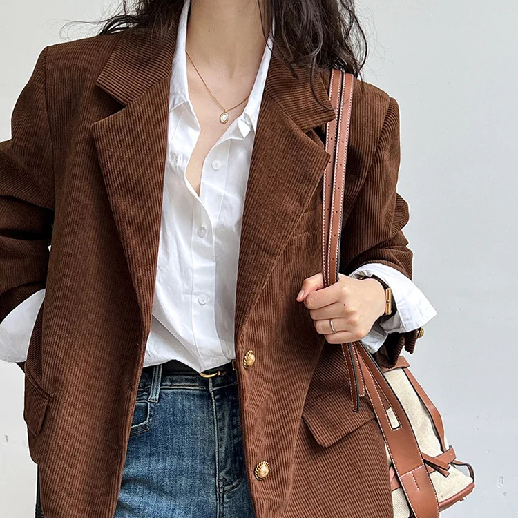 Brown Corduroy Blazer Women's 2026 Spring New Fashion Loose Casual Small Suit Office Lady Blazer Femme Jackets