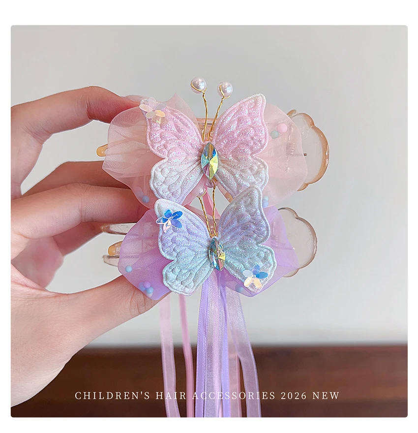 Neue Kinder-Prinzessinnen-Haarspange Glänzender Schmetterling Krone Schleife mit Langem Band Quaste Tüll Haaraccessoires Geburtstagsgeschenk – Detail 4