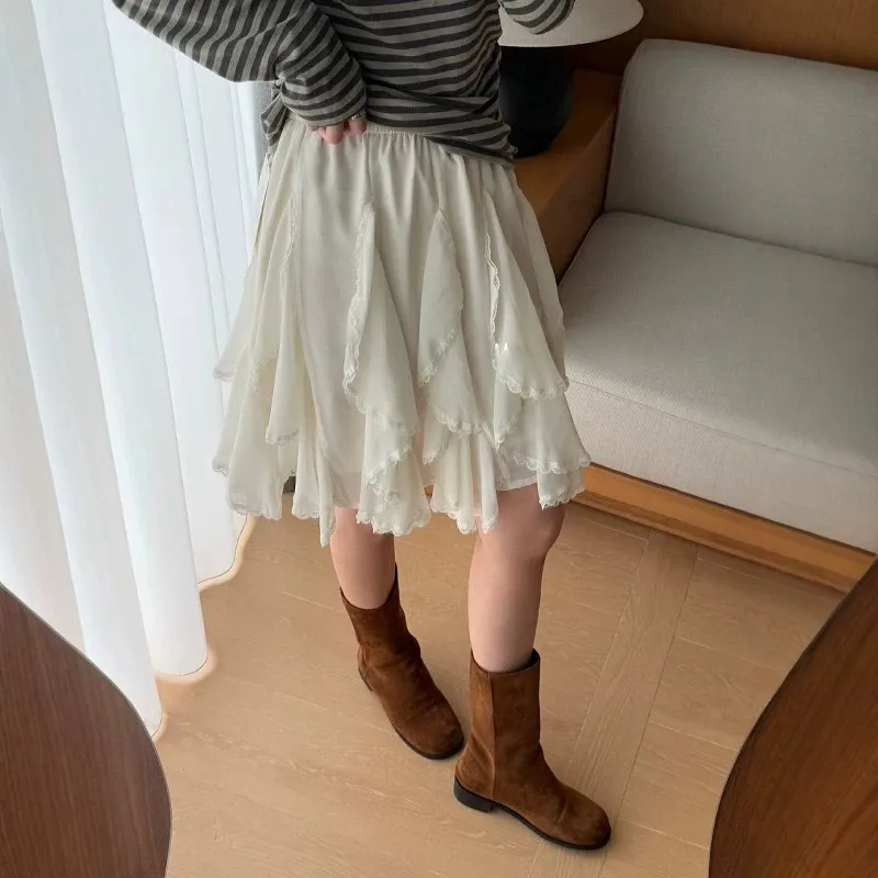 Kawaii Black Mini Skirts Women Summer 2025 Japanese Y2k Beach Ruched Skirts Vintage Clothes Lace Chiffon Skirts Cute Clothes