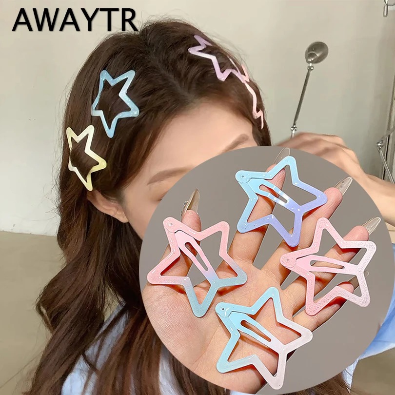 AWAYTR 5 Pcs Colorful Y2K Star BB Hair Clips Women Grils Cute Large Metal Star Hairpins Side Barrettes Hair Grip Hair Accessorie