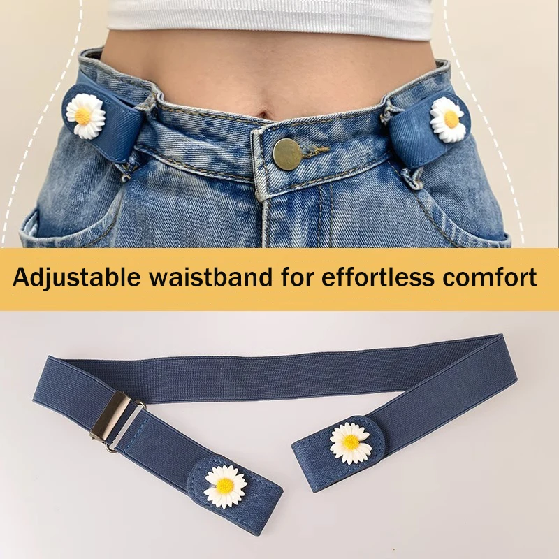 Cinturón elástico azul sin hebilla para mujer y hombre, banda elástica ajustable con flores, accesorios para Vaqueros