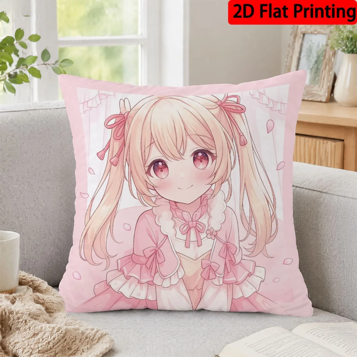 1pc Soft Lightweight Pink Anime Girl Ruffles Bows Print Pillow Cover All Season Sofa Living Room Decor Gift For Christmas Thanks