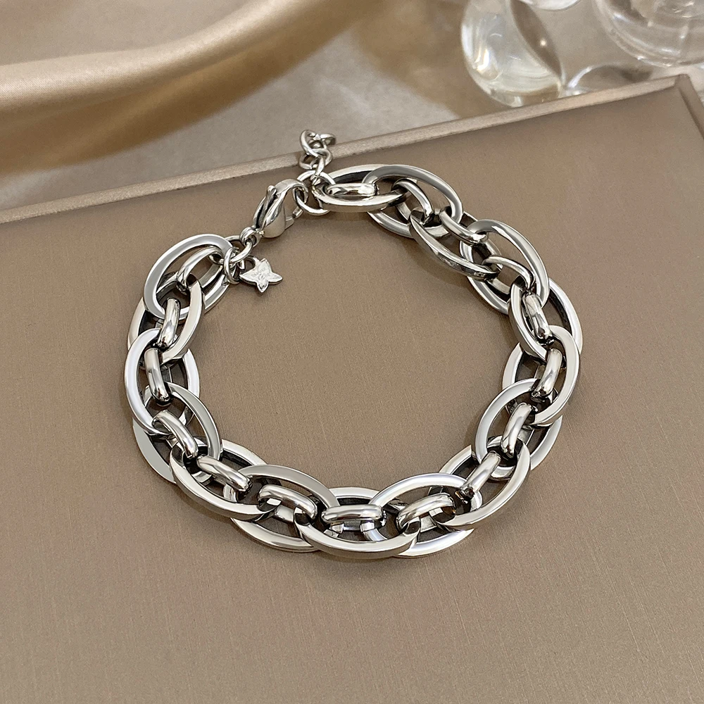 

DODOHAO Minimalist Stainless Steel Thick Chain Bracelets for Women Men Punk Silver Color Wide Bracelet Waterproof Hand Jewelry