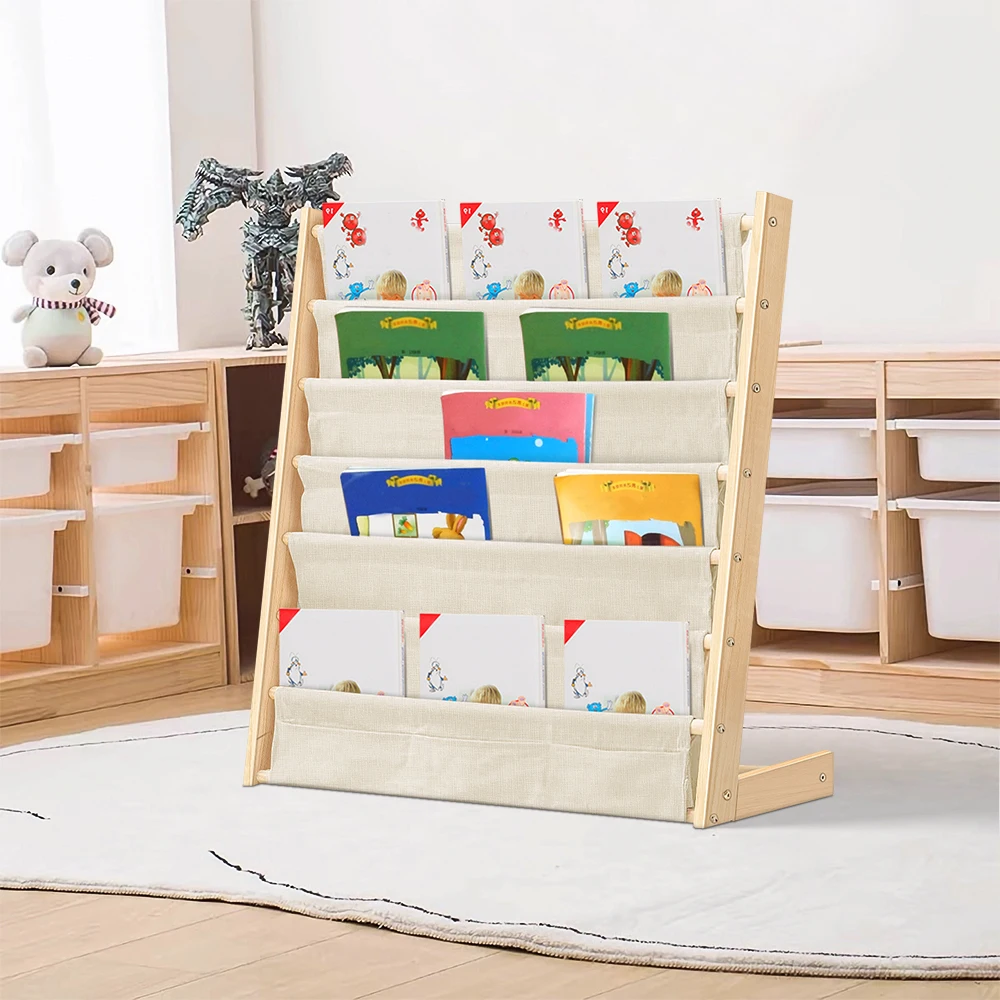 Kinder-Bücherregal, 6-stufiges Bücherregal, Aufbewahrungsregal, Bücher-Organizer aus Holz mit Tasche für Kinderzimmer und Spielzimmer