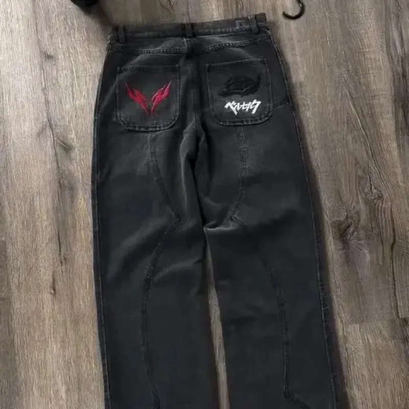 2025 Y2k الأمريكية Harajuku خمر فضفاض الرجال والنساء الشارع الشهير الهيب هوب القوطية التطريز الدينيم الجينز موضة بنطال ذو قصة أرجل واسعة