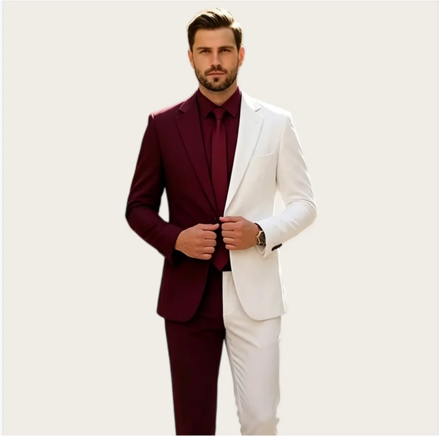 Fashion Men's Suits Notched Lapel Single Breasted 2 Piece Set Contrast Color Tuxedo Slim Fit Prom Party Blazer Jacet Pants