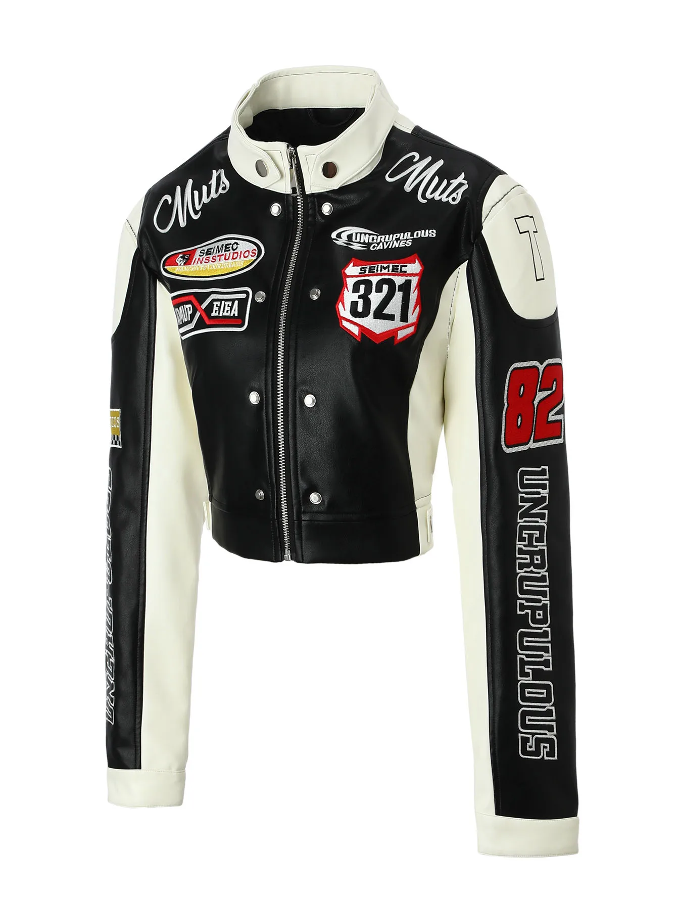 ผู้หญิงสีแดงและสีขาว Colorblock PU Biker Jacket,ขาตั้งซิปด้านหน้า,ตกแต่งเย็บปักถักร้อย,เรขาคณิตกลับ,ฤดูใบไม้ผลิฤดูใบไม้ร่วงOuterwear