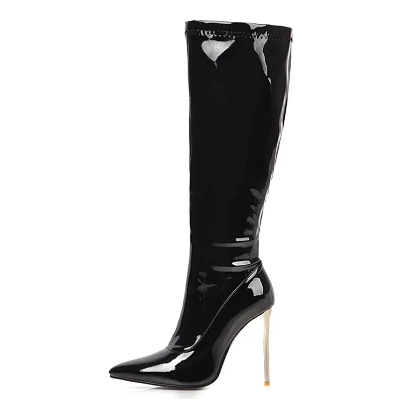 Women High Boots Sexy Zipper Black Red White Knee High Boot Thin Heels Patent Women's Autumn Winter Dance Shoes Large Size 45 48