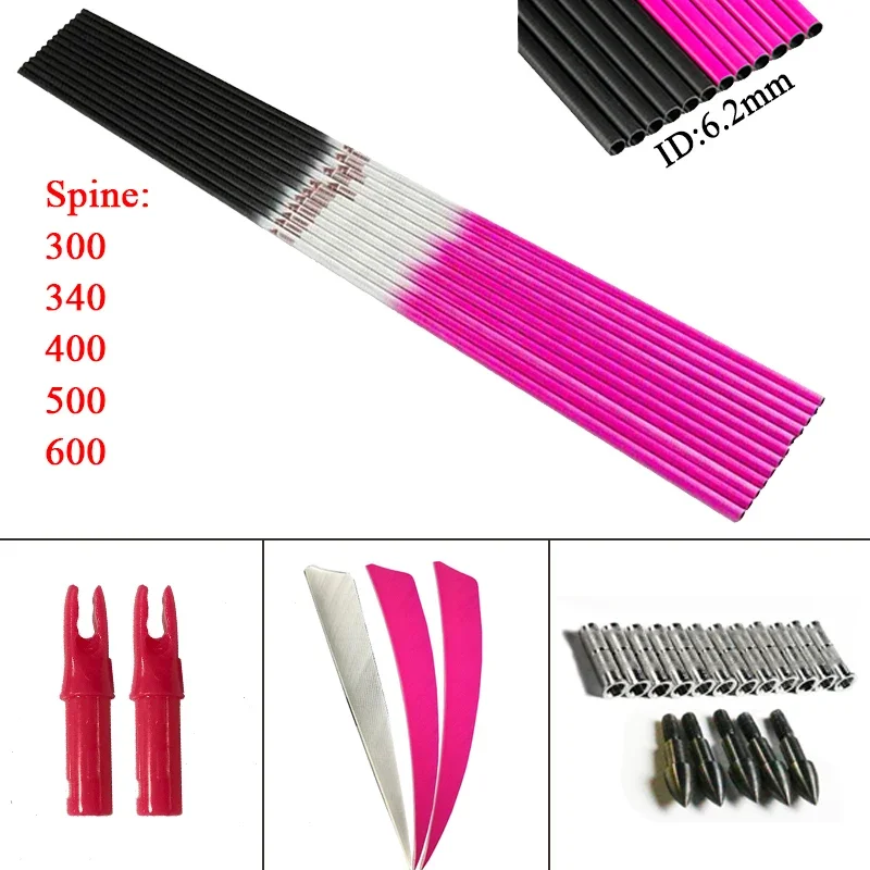 

12pcs Archery Carbon Arrows Shaft ID 6.2mm Spine300-800 5inch Turkey Feather Arrow Point 75gr compound Bow Hunting