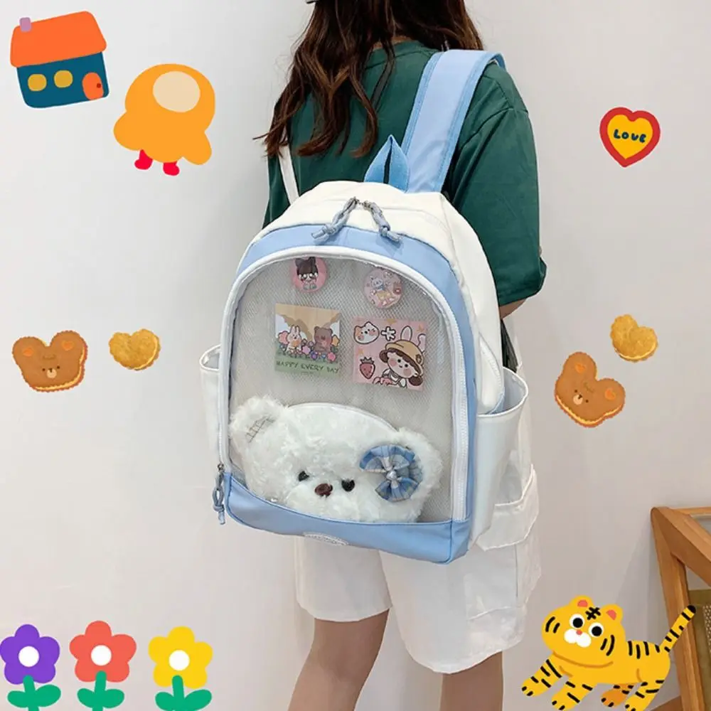 Lovely Large Capacity Doll Display Backpack Korean Style Cute Transparent Itabag Nylon Cartoon Student School Bag Badge Display