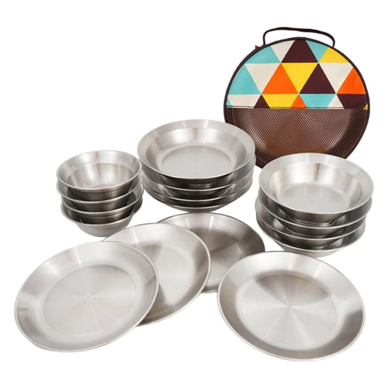 

Set of 16 Stainless Steel Picnics Tableware Dishwasher Safe Dinnerwares Portable Plates for Camping and Outdoor Meals