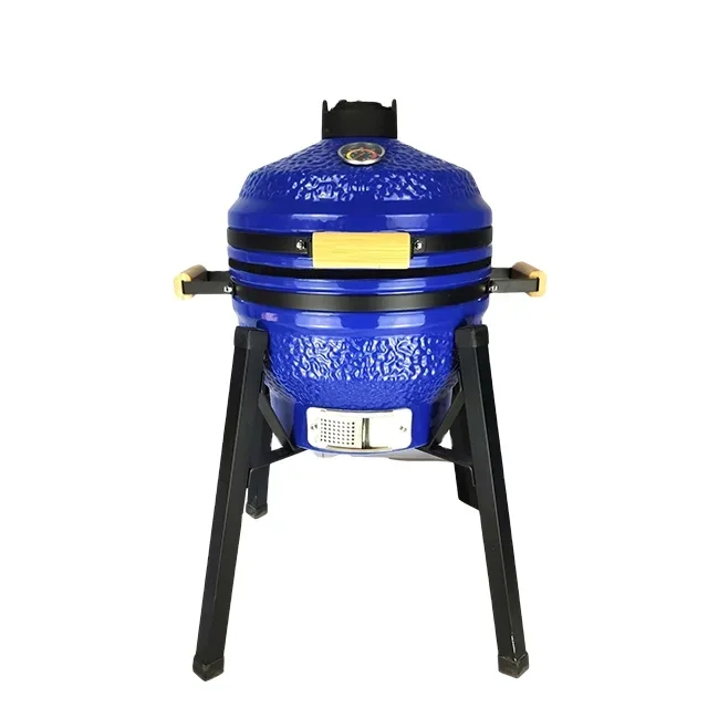 16 Inch Ceramic Charcoal BBQ Grill Deluxe Blue Stone Pattern Kamado Smoker Cooker with Square Tube Stand Frame for Outdoor Garde