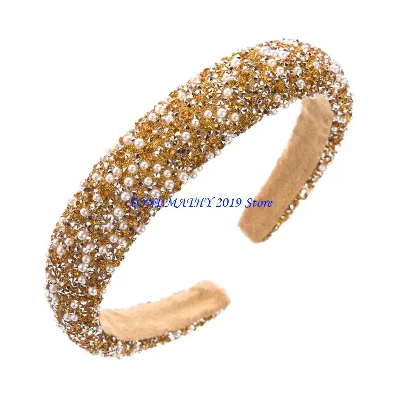 

F42F Модная блестящая повязка на голову с высоким черепом для женщин со стразами и искусственным жемчугом для официальной и