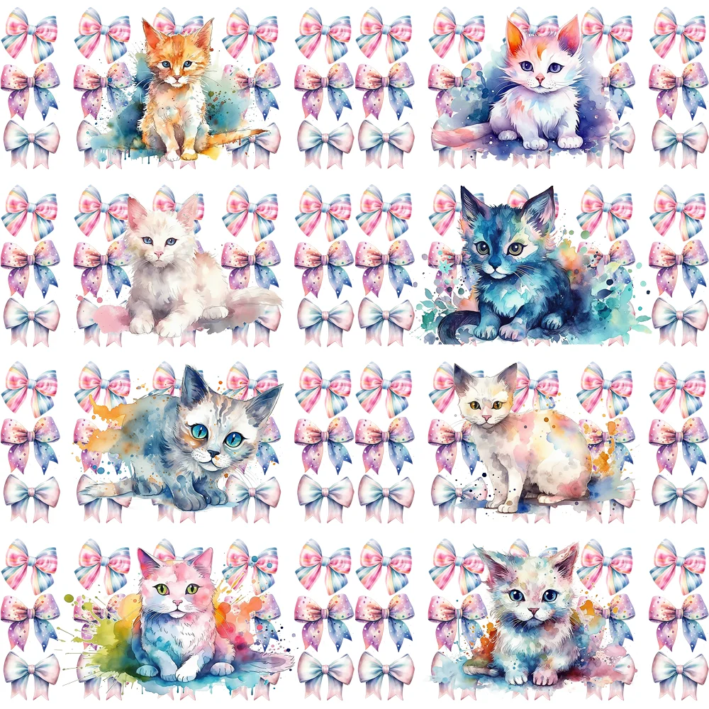 Kitty Themed 3D UV DTF Cup Wraps 16oz Libbey Glass Can Coquette Watercolor Cat Pastel Bow Transfer Stickers DIY Tumbler Decor