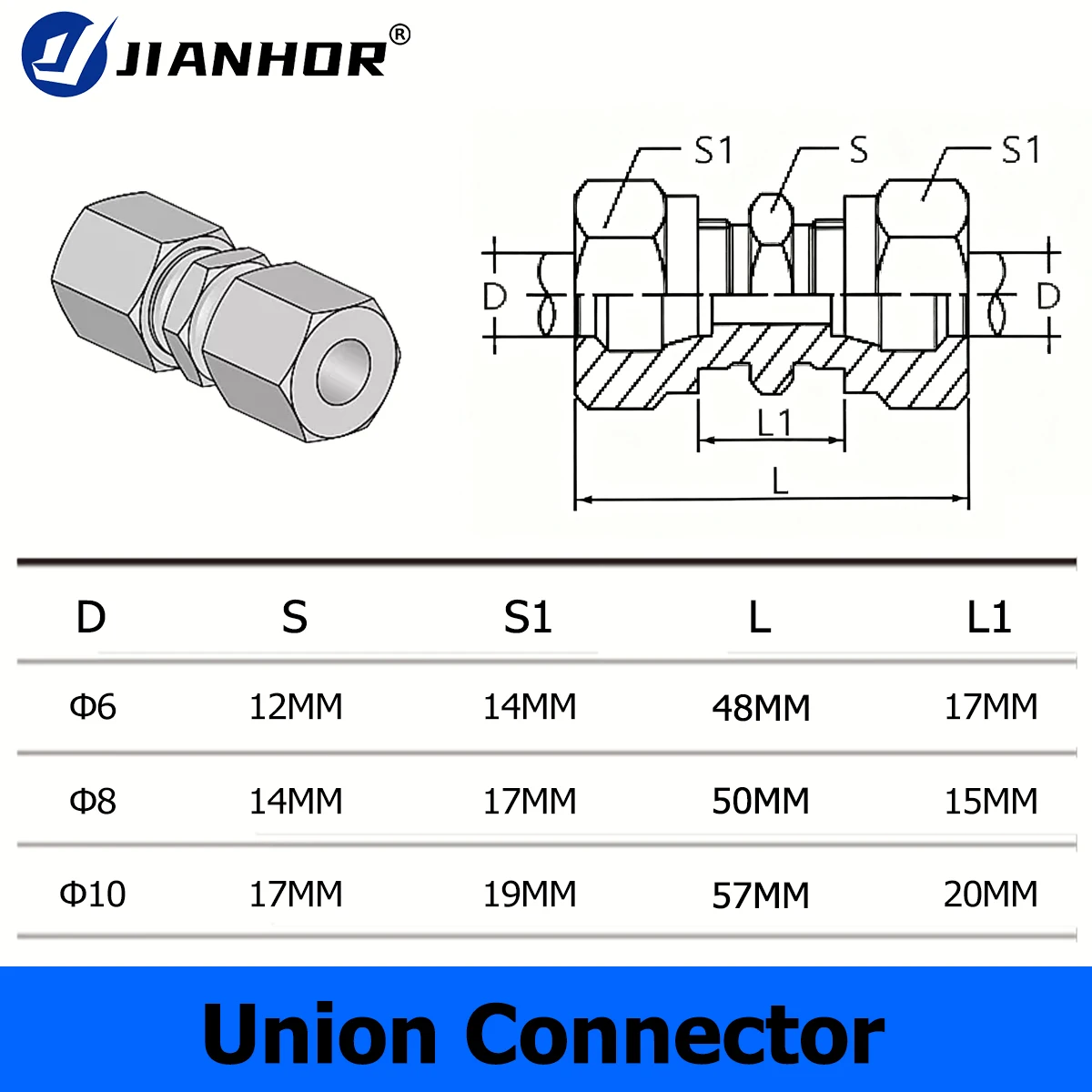 Lubrication Straight Union Compression Fittings 6mm 8mm 10mm Tube Carbon Steel Straight Union Connector