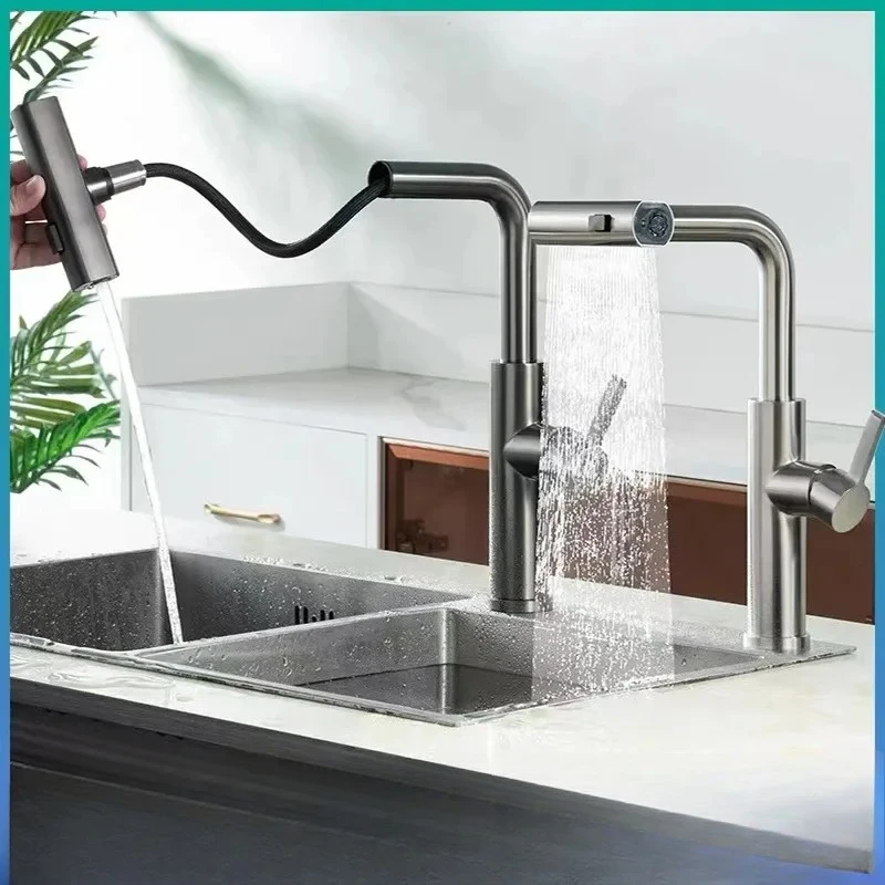 

Grey Multi functional Kitchen Faucet Gray Pull Out Waterfall Stream Sprayer Head Sink Mixer Brushed Nickle Water Tap Accessories