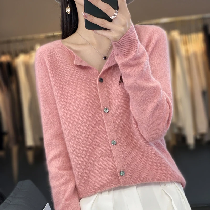 autumn and winter ladies\' new 100% merino wool cardigan casual knitting fashion O-neck cashmere sweater