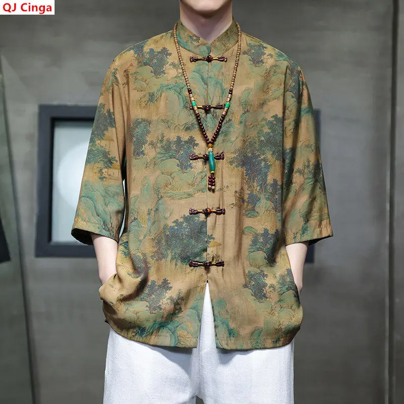 

New Summer Collection: Men's Short-sleeve Printed Shirts with A Chinese-style Stand-up Collar—soft, Cool, and Comfortable.