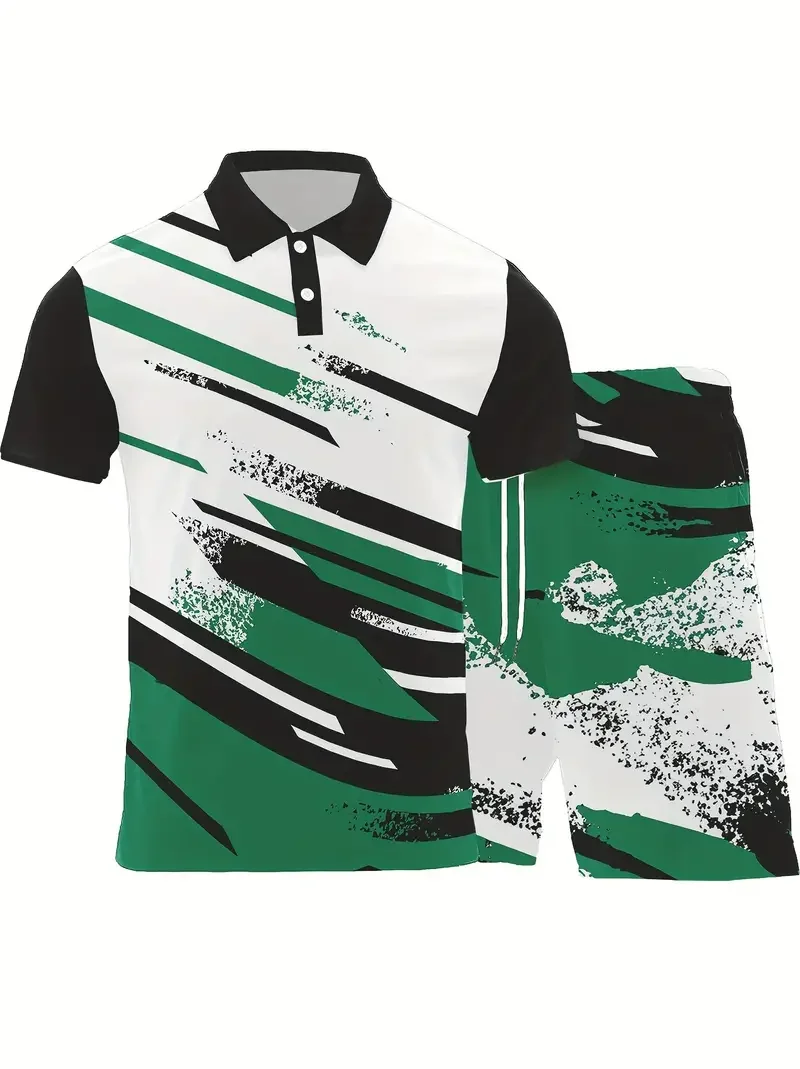 Men's Casual 2-Piece Set Short Sleeve Polo Shirt And Shorts Breathable And Comfortable Green Striped Printed Golf Shirt Shorts