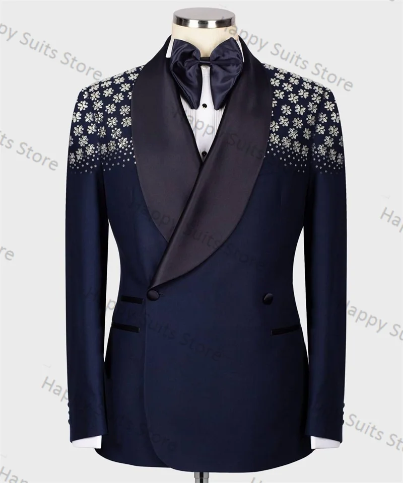 

Crystals Navy Blue Men Suit Set 2 Pieces Groom Blazer+Black Pant Formal Office Male Cotton Jacket Trousers Prom Wedding Tuxedos