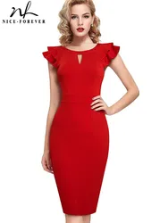 Nice-forever Summer Women Fashion Ruffle Sleeve Dresses Work Business Party Vintage Bodycon Slim Dress B648