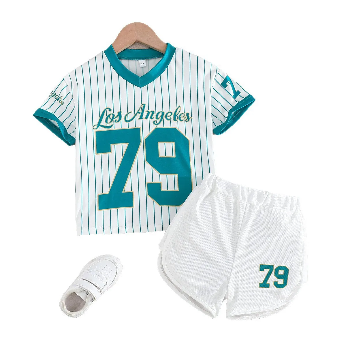 Traje deportivo de verano para niña, top de manga corta a rayas verde lima + pantalones cortos deportivos, conjunto de 2 uds de 90-150cm