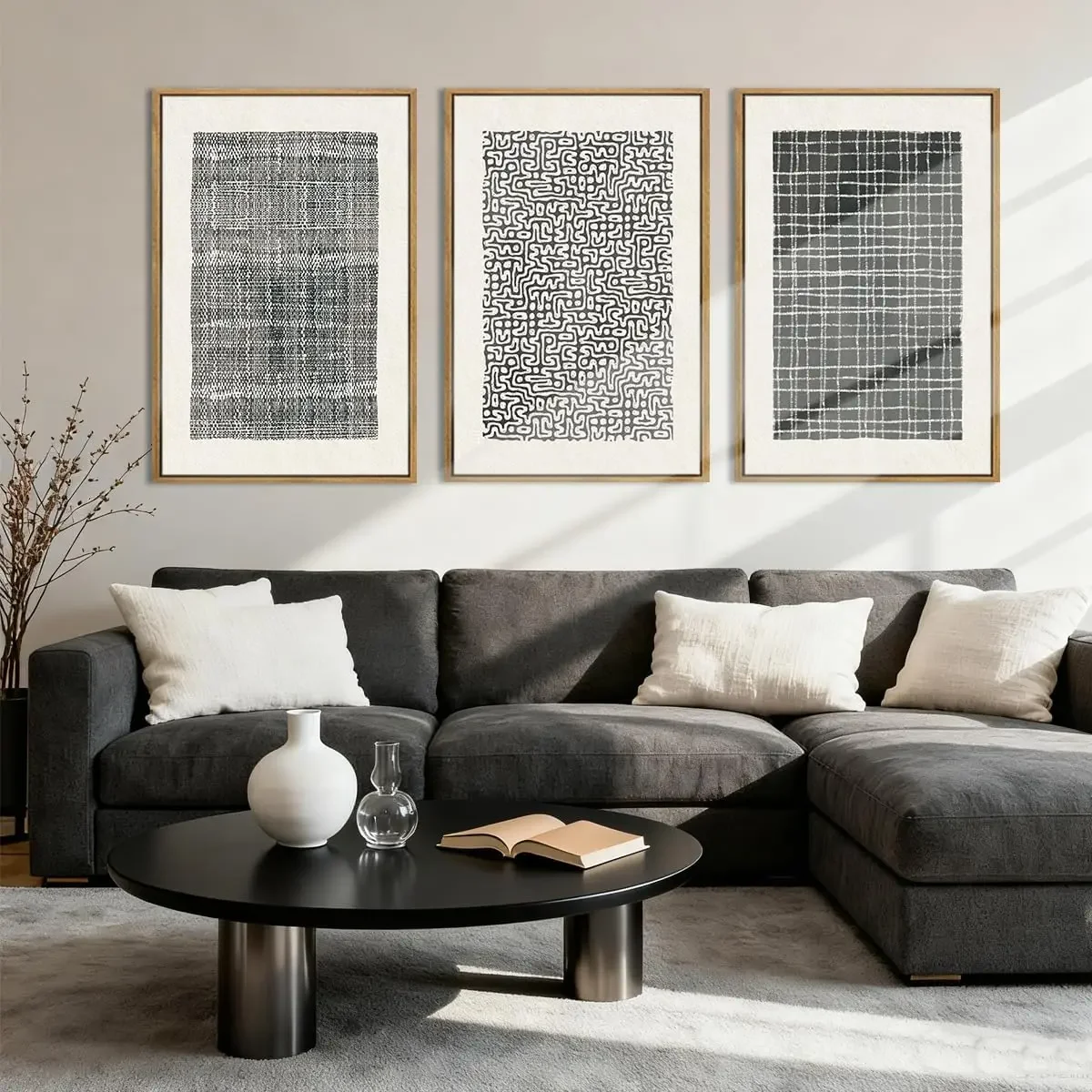 Large-sized frameless 3pcs   Abstract Line Wall Art Modern Neutral Black Wall Decoration Geometric Living Room Bedroom Office