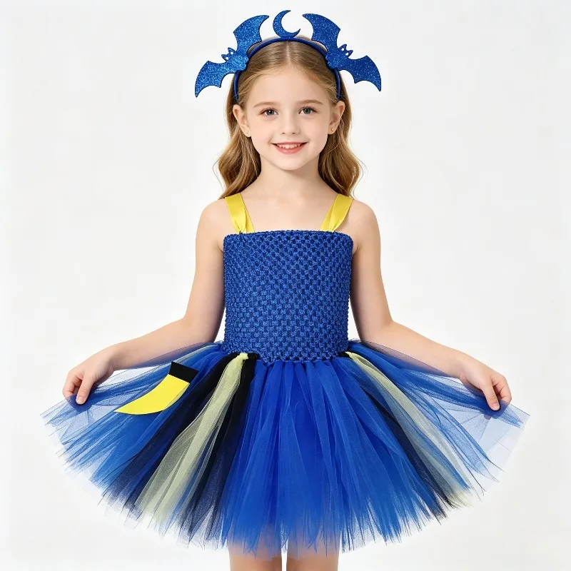 Halloween Navy Blue Mesh Tutu Dress Sweet Girls Princess Birthday Party Tulle Outfits Kids Stage Performance Dress Up Toddler