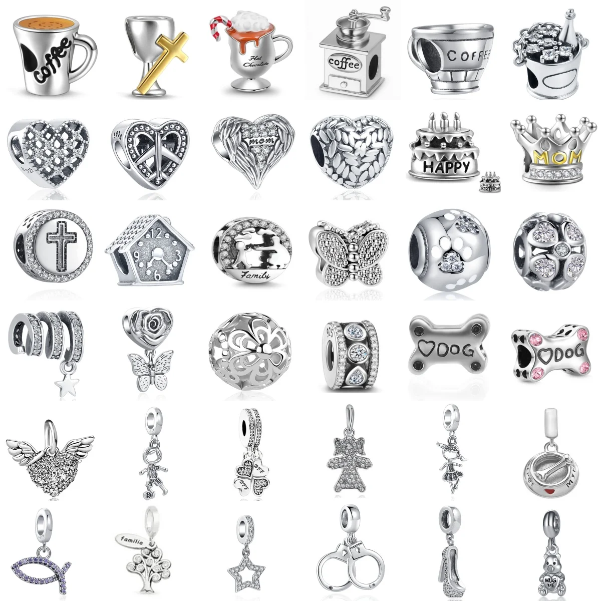 Charm White Series 925 Silver Alarm Clock, Butterfly, Coffee Cup, Pentagram Pendant, Suitable for Original Bracelet DIY Jewelry