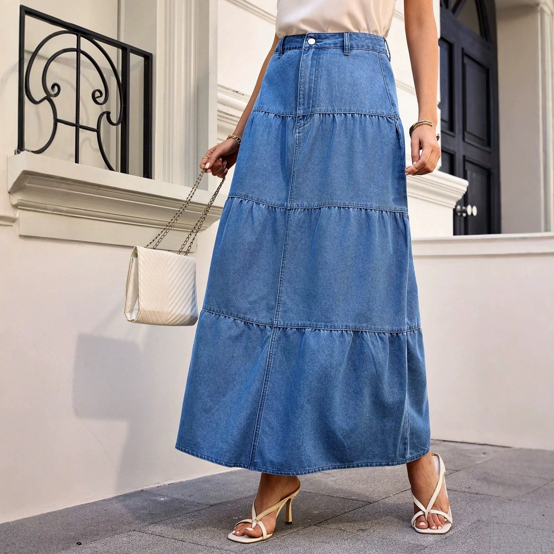 Maxi Skirts Boho Style Cotton Women's Skirt Femme High Waist Denim Skirts Mujer Vacation Bottoms A-line Layered Skirt Streetwear view 4