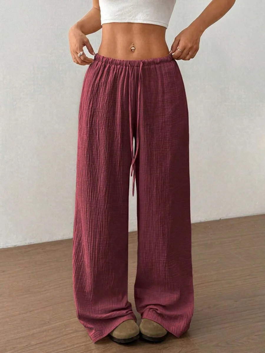 2025 Women's Wide Leg Pants High Waist Elastic Waistband Casual Trousers Solid Color Loose Palazzos Pants Elegant Fall Fashion
