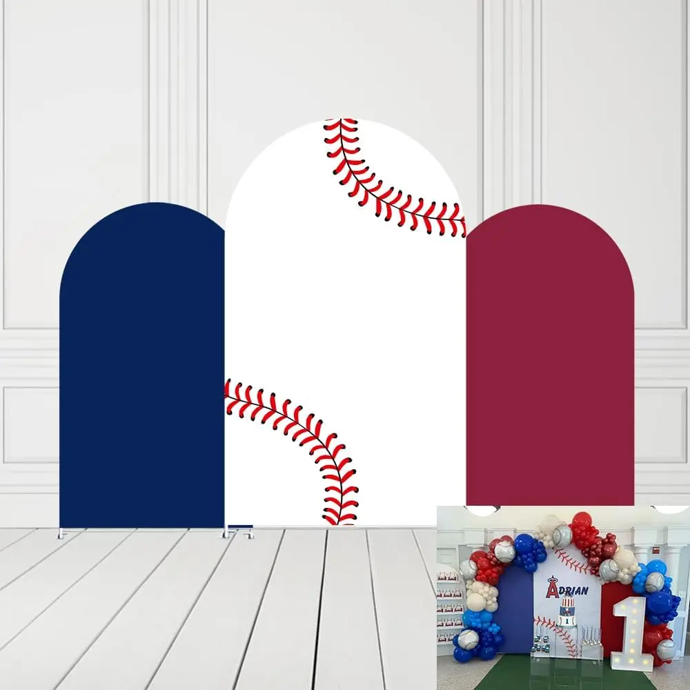 

Red Blue Stripes Arch Backdrop Cover for Boy Sport Baseball Rookie First Birthday Party Decorations Stretchy Cloth Baby Shower
