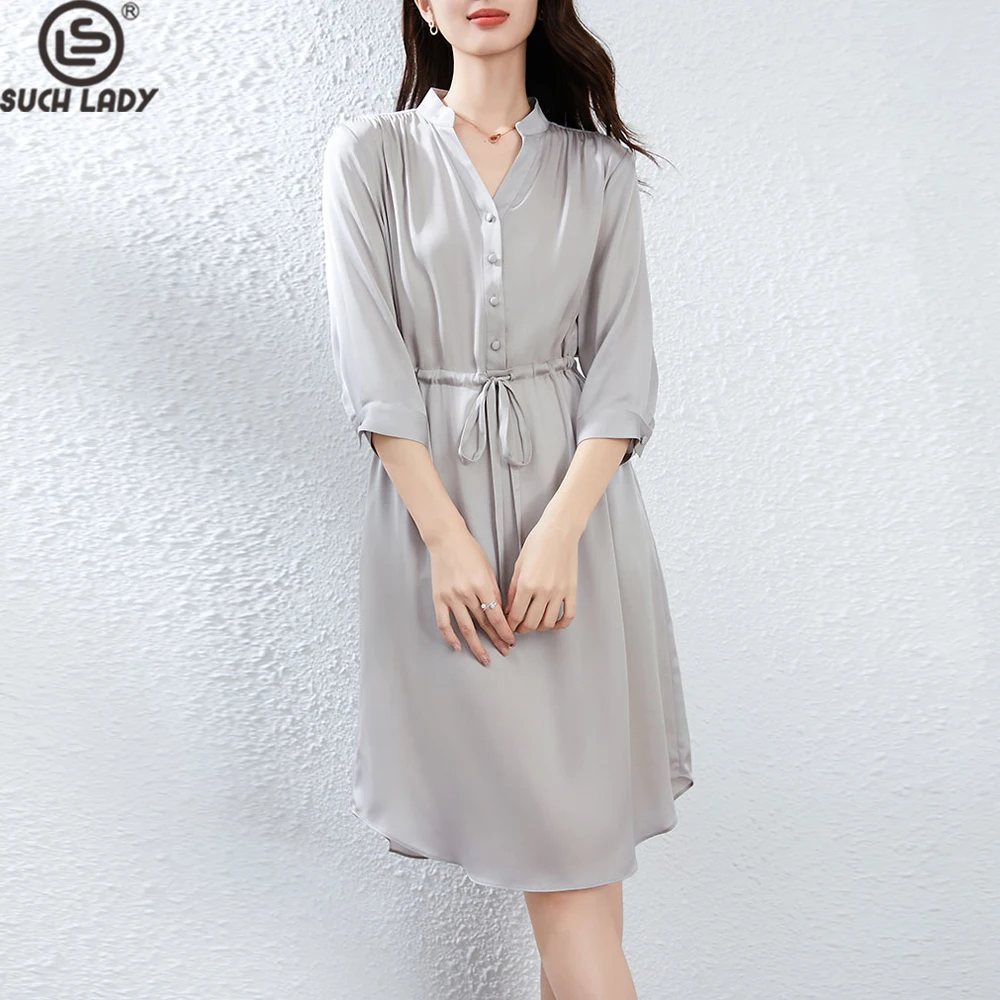 فستان نسائي 92.3% حرير 7.7 سباندكس برقبة على شكل V نصف كم برباط حتى الخصر فساتين غير رسمية على الموضة