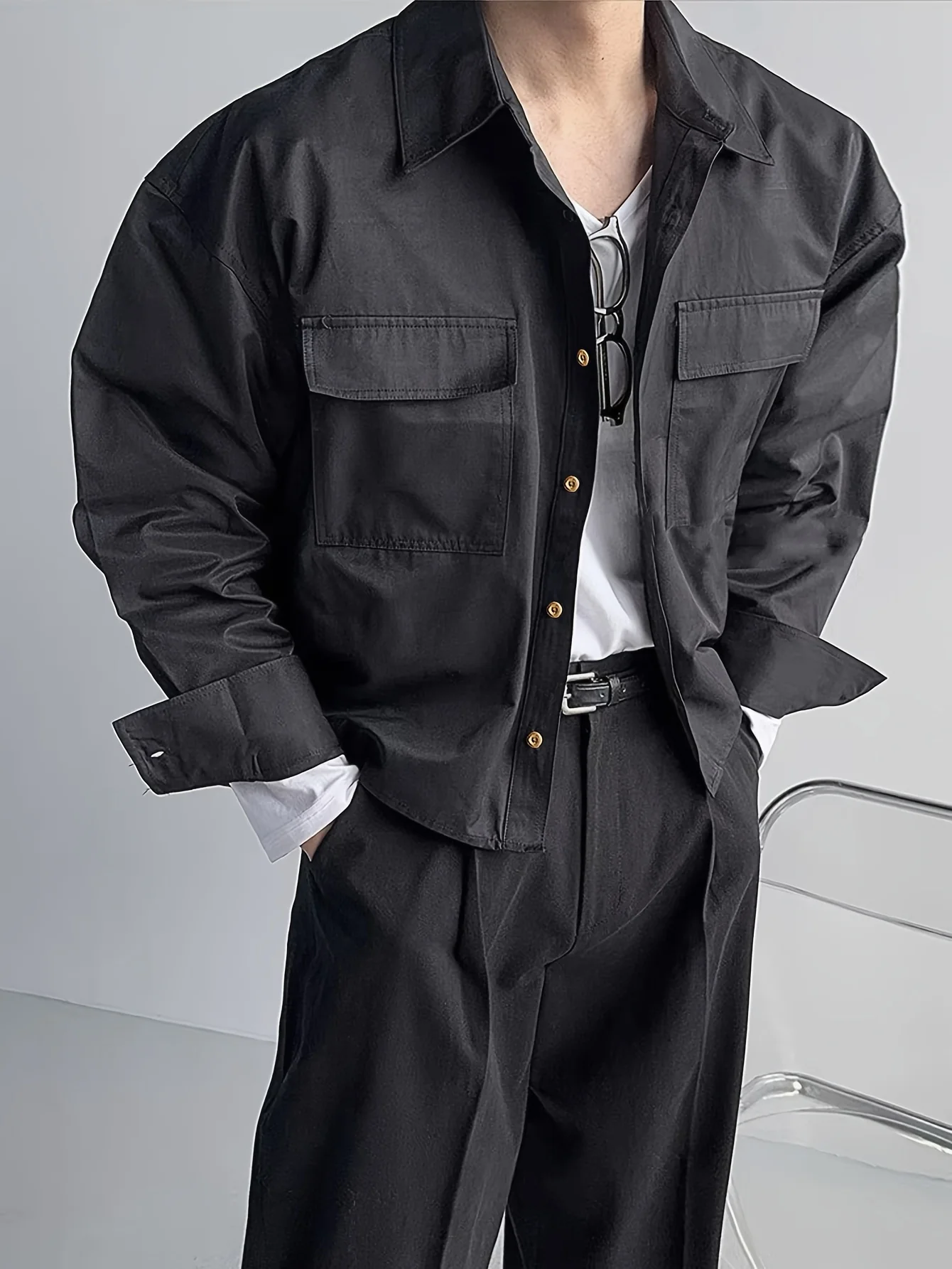 Men's Fitness Casual Cropped Shirt Jacket Streetwear Lapel Collar Multi Pocket Loose Long Sleeve Shacket S‑2XL
